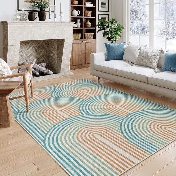 RUG ROBOT 5'x7' Abstract Area Rugs for Living Room, Non Slip Washable Rugs for Bedroom, Dining Room, Boho Mid Century Modern Colored Indoor Abstract Rainbow Carpet, Orange/Green