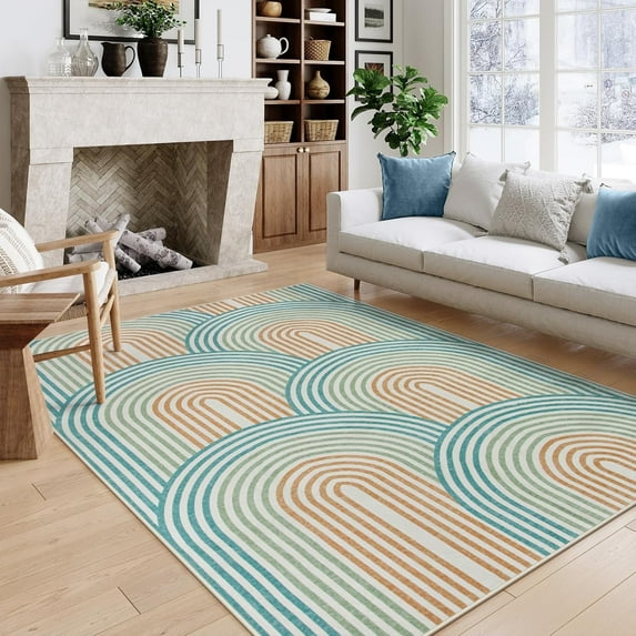 RUG ROBOT 5'x7' Abstract Area Rugs for Living Room, Non Slip Washable Rugs for Bedroom, Dining Room, Boho Mid Century Modern Colored Indoor Abstract Rainbow Carpet, Orange/Green
