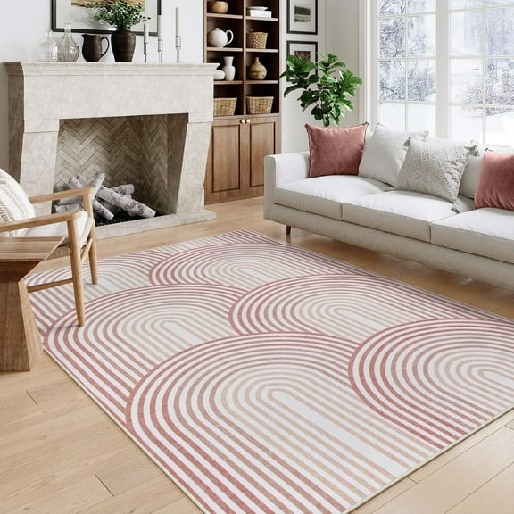RUG ROBOT 5'x7' Abstract Area Rugs for Living Room, Non Slip Washable Rugs for Bedroom, Dining Room, Boho Mid Century Modern Colored Indoor Abstract Rainbow Carpet, Pink