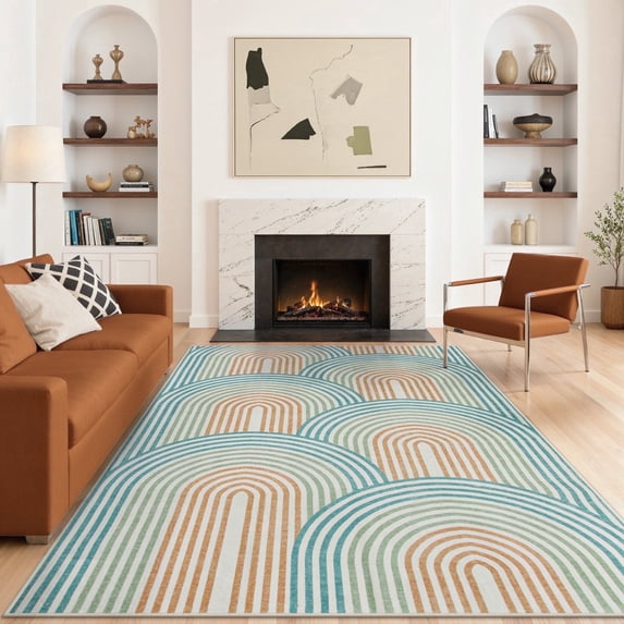 RUG ROBOT 6'x9' Abstract Area Rugs for Living Room, Non Slip Washable Rugs for Bedroom, Dining Room, Boho Mid Century Modern Colored Indoor Abstract Rainbow Carpet, Orange/Green