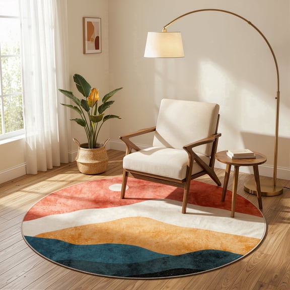 RUG ROBOT 4ft Round Rugs, Modern Area Rug for Living Room, Non-Slip Washable Rug with Nature Inspired Design for Bedroom, Dining Room, Stylish Indoor Circular Abstract Rug Home Decor, Orange