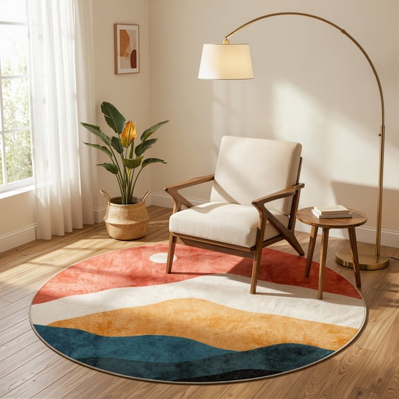 RUG ROBOT 4ft Abstract Round Rugs, Modern Non-Slip Washable Rug with Nature Inspired Design for Indoor Living Room, Bedroom, and Dining Room, Stylish Circular Area Rug Home Decor, Orange