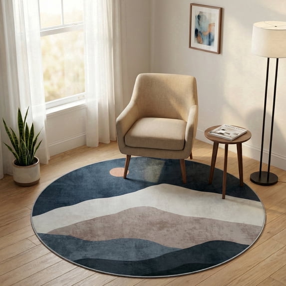 RUG ROBOT 4ft Round Rugs, Modern Area Rug for Living Room, Non-Slip Washable Rug with Nature Inspired Design for Bedroom, Dining Room, Stylish Indoor Circular Abstract Rug Home Decor, Blue