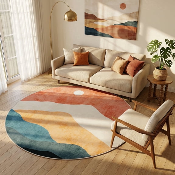 RUG ROBOT 6ft Round Rugs, Modern Area Rug for Living Room, Non-Slip Washable Rug with Nature Inspired Design for Bedroom, Dining Room, Stylish Indoor Circular Abstract Rug Home Decor, Orange
