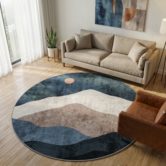 RUG ROBOT 6ft Round Rugs, Modern Area Rug for Living Room, Non-Slip Washable Rug with Nature Inspired Design for Bedroom, Dining Room, Stylish Indoor Circular Abstract Rug Home Decor, Blue
