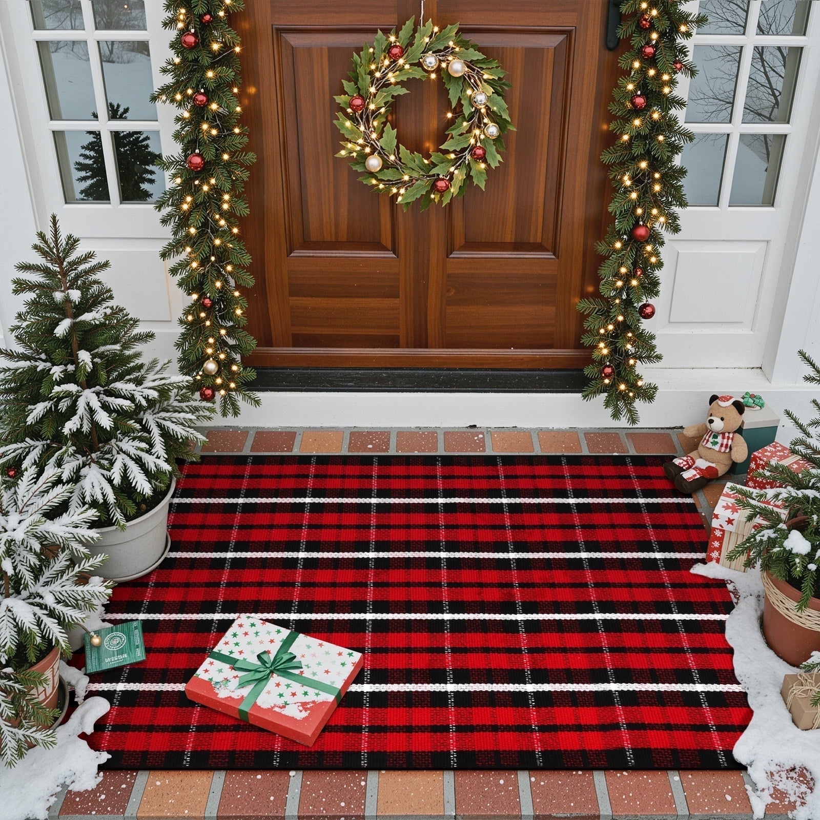 RUG ROBOT Buffalo Plaid Area Rug 27.5"x43", Washable Christmas Door Mat Indoor Outdoor Entrance Rug, Checkered Layering Rug for Kitchen Home Decor, Reversible Front Porch Rug, Red and Black/White