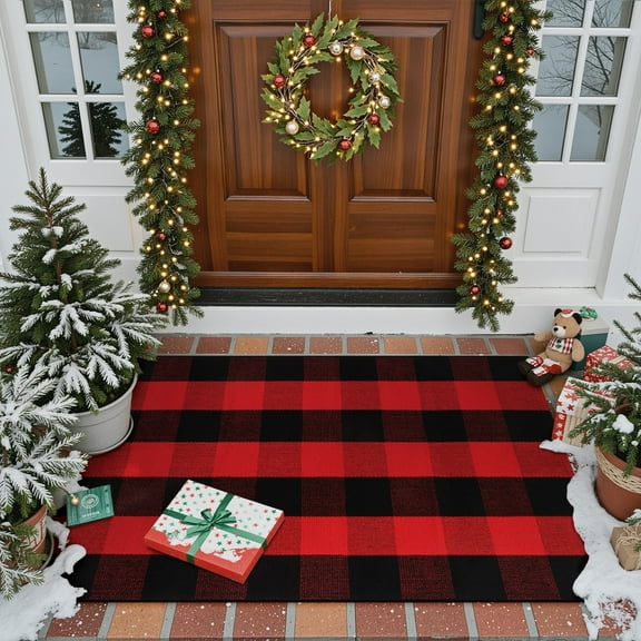 RUG ROBOT Christmas Buffalo Plaid Area Rugs for Entryway 3x5, Cotton Indoor Outdoor Front Door Mat,Washable Checkered Farmhouse Kitchen Red and Black Xmas decor Rugs