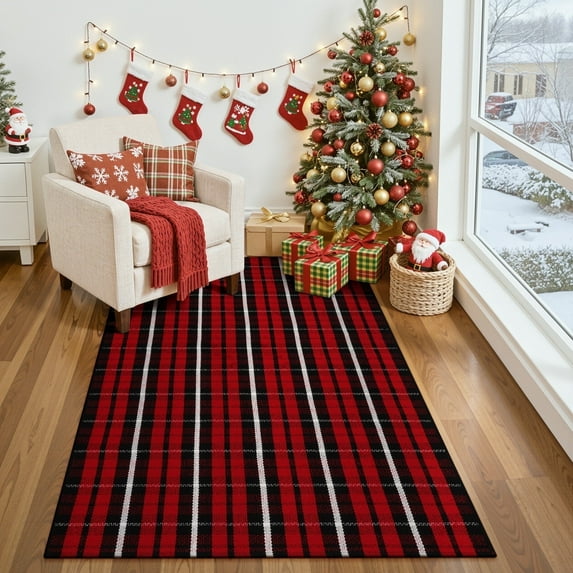 RUG ROBOT Christmas Buffalo Plaid Outdoor Rugs for Entryway 3x5, Checkered Area Rug Cotton Front Door Mat Porch Entrance, Washable Red and Black/White Farmhouse Carpet for Bedroom Xmas decor