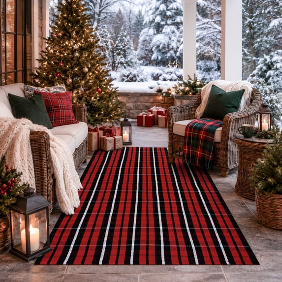 RUG ROBOT Christmas Buffalo Plaid Outdoor Rugs for Entryway 3'x5', Checkered Area Rug Cotton Front Door Mat Porch Entrance, Washable Red and Black/White Farmhouse Carpet for Bedroom Xmas decor