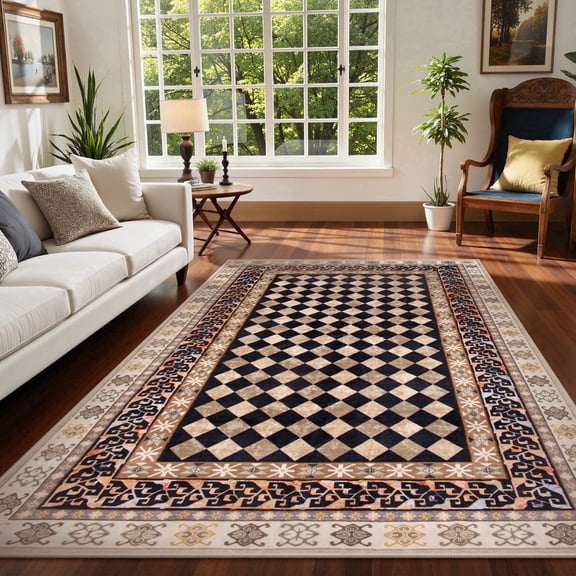 RUG ROBOT 6'x9' Area Rugs for Living Room, Non-Slip Washable Checkered Rug, Indoor Soft Vintage Diamond Carpet for Bedroom, Dining Room Home Decor, Black