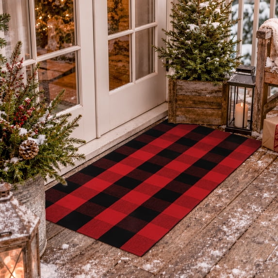 RUG ROBOT Christmas Buffalo Plaid Area Rugs for Entryway 2'x4.3', Cotton Indoor Outdoor Front Door Mat,Washable Checkered Farmhouse Kitchen Red and Black Xmas decor Rugs