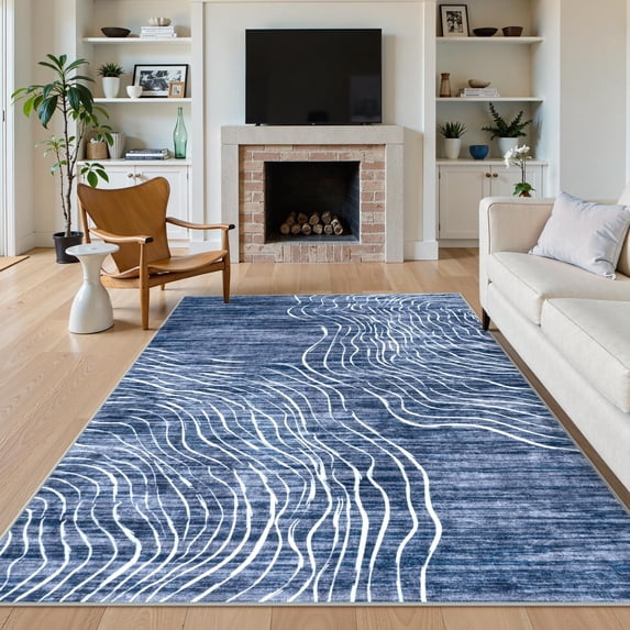 RUG ROBOT 5'x7' Abstract Area Rugs for Living Room, Non-Slip Washable Blue Bedroom Rug, Soft Modern Minimalist Wave Striped Throw Carpet for Dining Room Kitchen, Blue