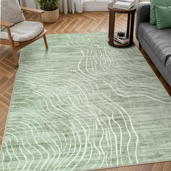 RUG ROBOT 5'x7' Abstract Area Rugs for Living Room, Non-Slip Washable Green Bedroom Rug, Soft Modern Minimalist Wave Striped Throw Carpet for Dining Room Kitchen, Green