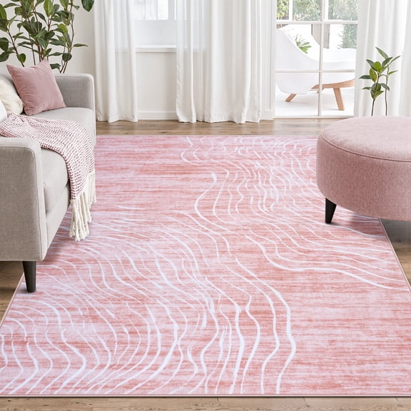 RUG ROBOT 5'x7' Abstract Area Rugs for Living Room, Soft Washable Pink Rugs for Bedroom, Non-Slip Modern Wave Striped Large Accent Carpet for Dining Room Kitchen, Pink