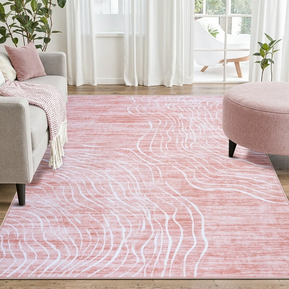 RUG ROBOT 5'x7' Abstract Area Rugs for Living Room, Soft Washable Pink Rugs for Bedroom, Non-Slip Modern Wave Striped Large Accent Carpet for Dining Room Kitchen, Pink