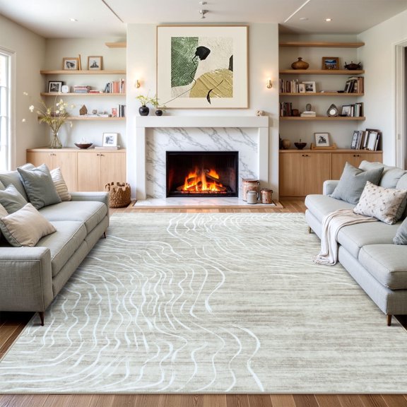 RUG ROBOT 8'x10' Large Area Rugs for Living Room, Non-Slip Washable Beige Bedroom Rug, Soft Modern Wave Striped Accent Carpet for Dining Room Kitchen, Beige