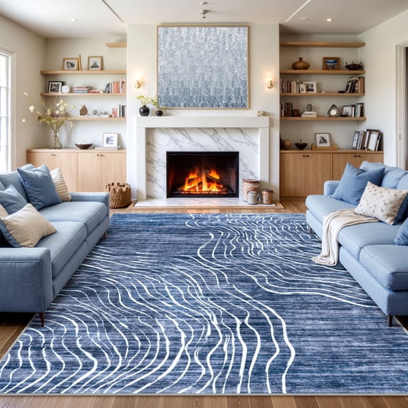 RUG ROBOT 8'x10' Large Area Rugs for Living Room, Non-Slip Washable Blue Bedroom Rug, Soft Modern Wave Striped Accent Carpet for Dining Room Kitchen, Blue