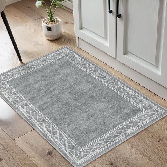 RUG ROBOT Modern Bordered Kitchen Rugs Non Slip, 2x3 Entryway Rugs Indoor Washable Ultra-Thin Indoor Door Mat, Soft Throw Carpet for Bathroom Bedroom Entry (2x3ft,Grey)