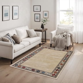 RUG ROBOT Modern Bordered Machine Washable Rug, Ultra-Thin Soft 3x5 Rugs for Entryway Bedroom, Non-Slip Stain Resistant Small Carpet for Laundry Entry (3'x 5',Beige)