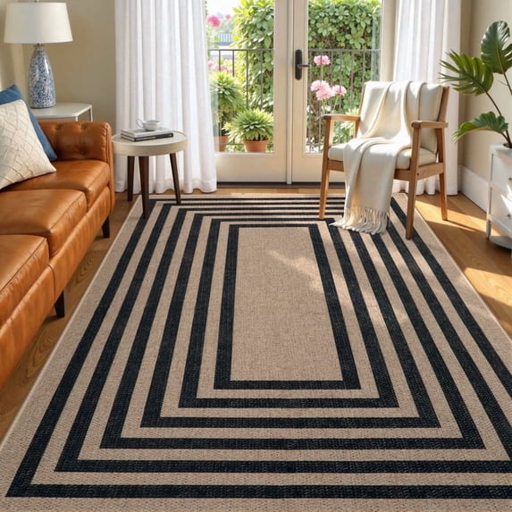 RUG ROBOT Modern Geometric 5'x7' Area Rugs for Living Room, Washable Easy Jute Indoor Outdoor Rugs, Non Slip Farmhouse Carpet Natural Rug for Dining Room Bedroom Deck Porch
