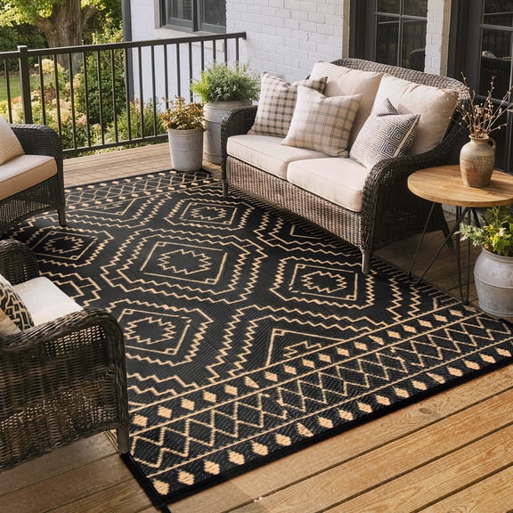RUG ROBOT 5'x8' Waterproof Outdoor Rug, Reversible Plastic Straw Outside Carpet for Backyard, Patio Moroccan Indoor Outdoor Rug for Camping, Garden, Balcony, Camping & RV, Black/Brown