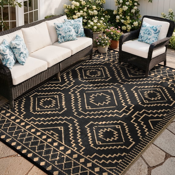 RUG ROBOT 6'x9' Waterproof Outdoor Rug, Reversible Plastic Straw Outside Carpet for Backyard, Patio, Moroccan Indoor Outdoor Rug for Camping, Garden, Balcony, Camping & RV, Black/Brown