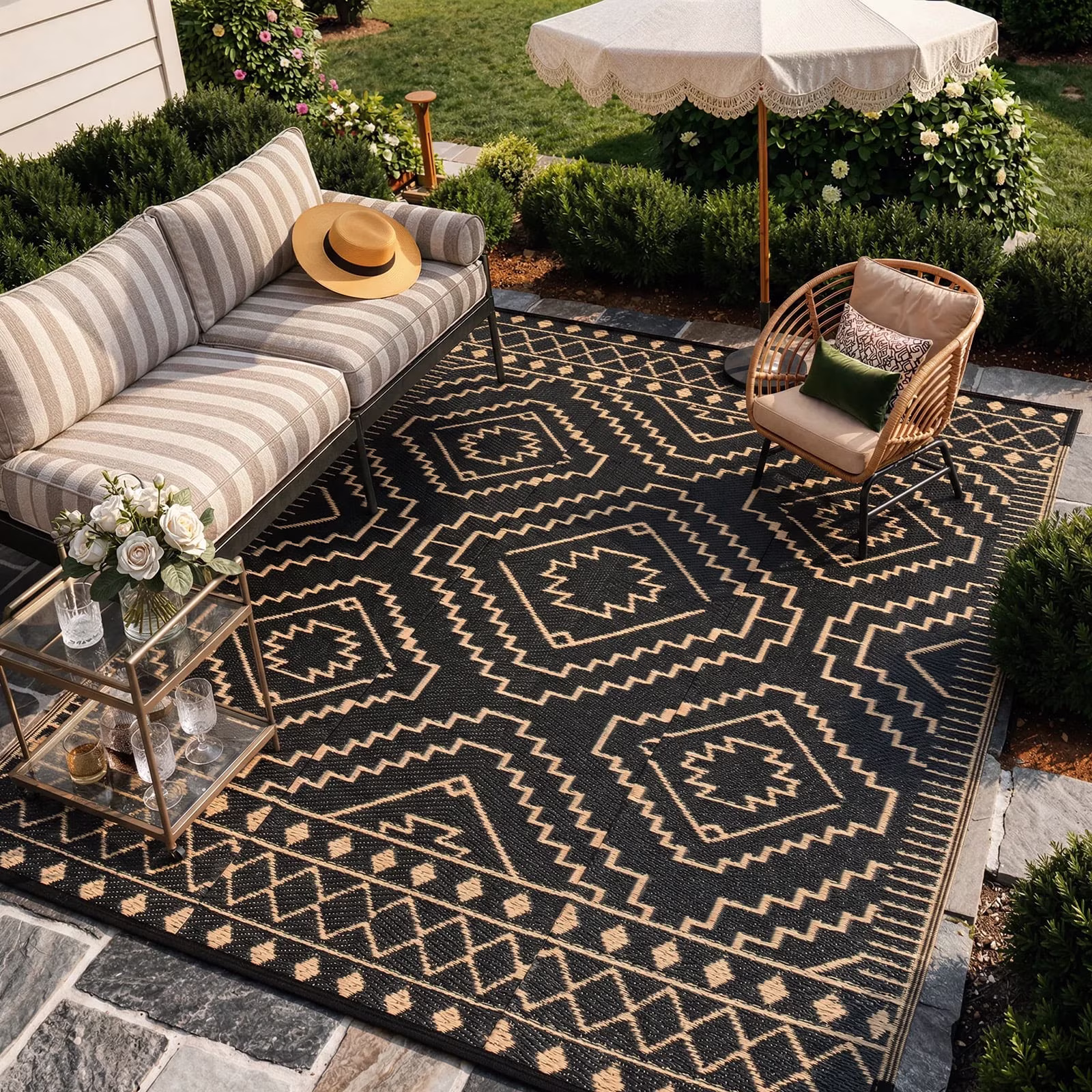 RUG ROBOT 6'x9' Waterproof Outdoor Rug, Reversible Plastic Straw Outside Carpet for Backyard, Patio, Moroccan Indoor Outdoor Rug for Camping, Garden, Balcony, Camping & RV, Black/Brown