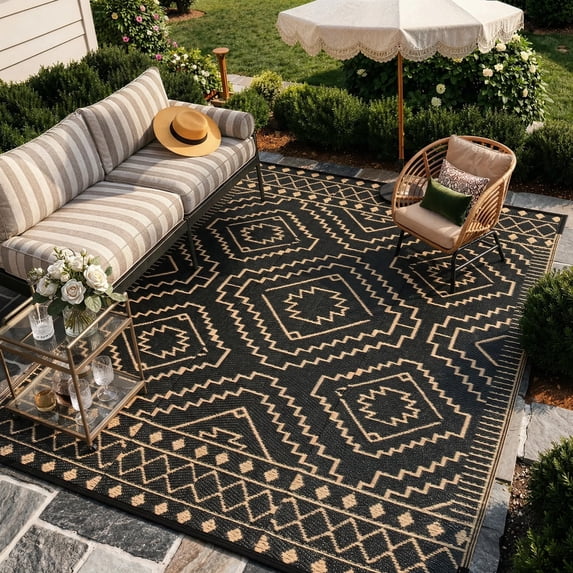 RUG ROBOT 8'x10' Waterproof Outdoor Rug, Reversible Plastic Straw Outside Rug for Backyard, Patio, Moroccan Indoor Outdoor Rug for Camping, Garden, Balcony, Camping & RV, Black/Brown