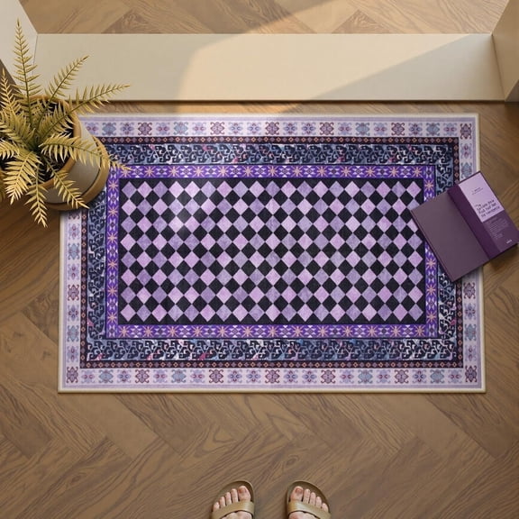 RUG ROBOT 2'x3' Small Area Rugs for Entryway, Washable Vintage Checkered Rug for Doorway Kitchen Bathroom Bedroom, Soft Non-Slip Stain Resistant Throw Rug Doormats, Purple