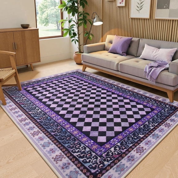 RUG ROBOT 5'x7' Area Rugs for Living Room, Non-Slip Washable Checkered Rug for Bedroom, Indoor Soft Vintage Diamond Carpet for Dining Room Home Decor, Purple