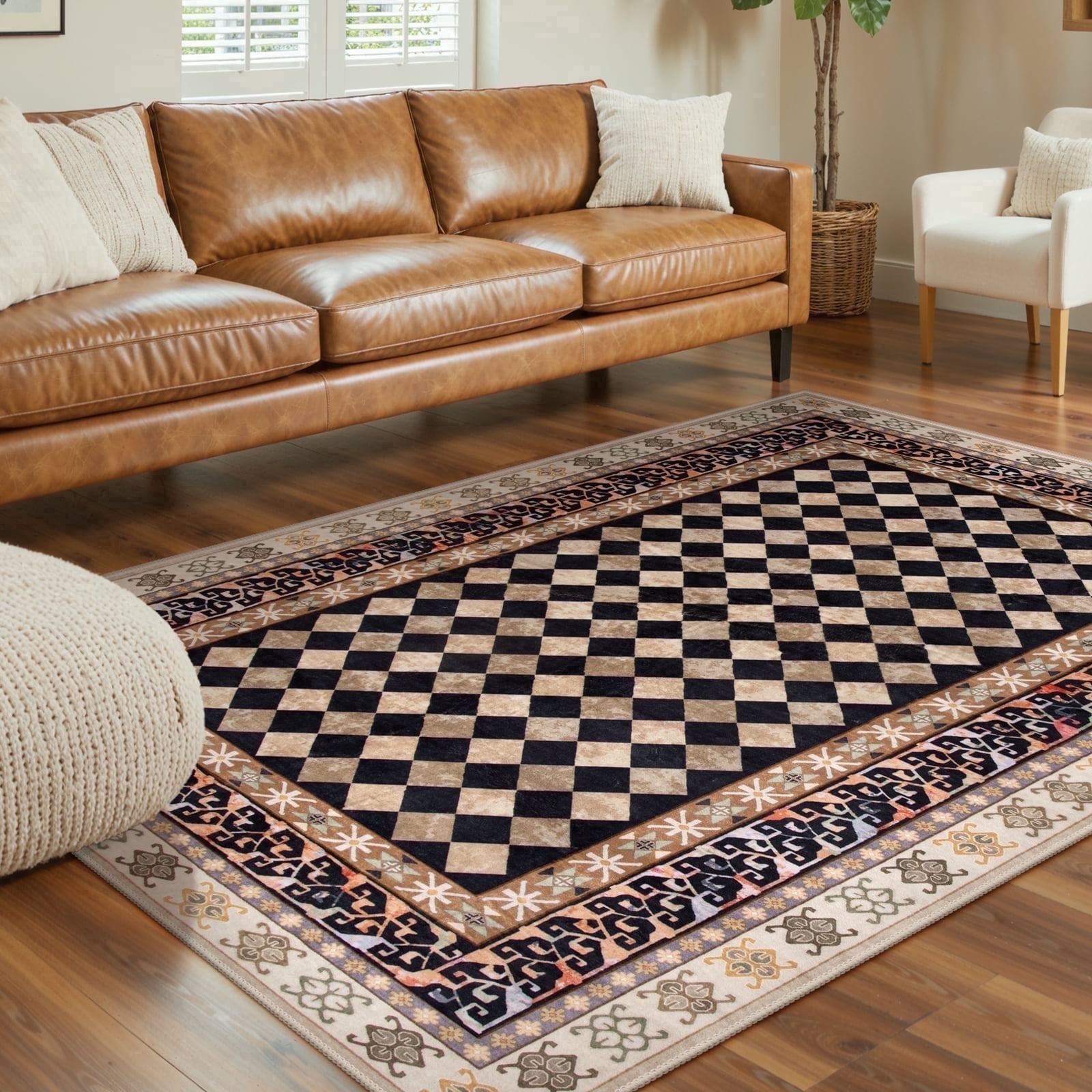 RUG ROBOT 5'x7' Area Rugs for Living Room, Non-Slip Washable Checkered Rug for Bedroom, Indoor Soft Vintage Diamond Carpet for Dining Room Home Decor, Black