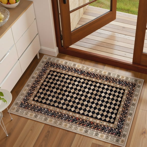 RUG ROBOT 2'x3' Area Rugs for Entryway, Non-Slip Washable Checkered Rug for Bathroom, Indoor Soft Stain Resistant Kitchen Door mat, Small Throw Rug for Entrance, Black