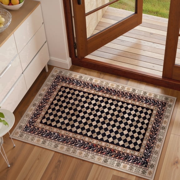 RUG ROBOT 2'x3' Small Area Rugs for Entryway, Non-Slip Washable Bathroom Rug, Vintage Checkered Rug for Doorway Kitchen Bedroom, Soft Stain Resistant Throw Rug Doormats, Black