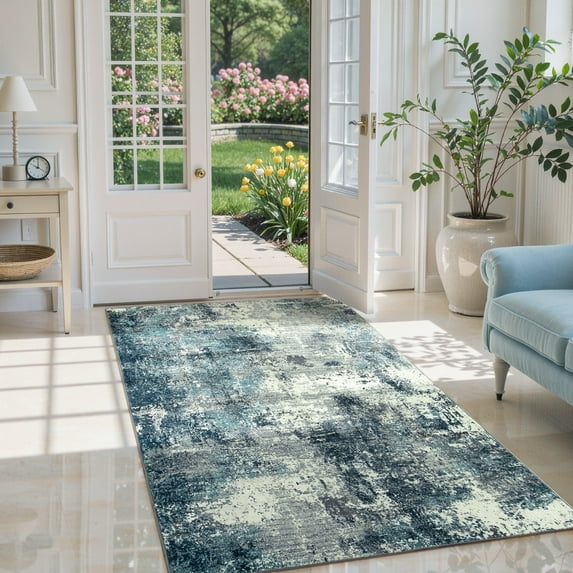 RUG ROBOT 3'x5' Area Rugs for Entryway, Non-Slip Washable Throw Rug, Indoor Soft Modern Abstract Distressed Doormat, Small Rug for Bedroom, Kitchen, Terrace, Balcony, Blue/Gray