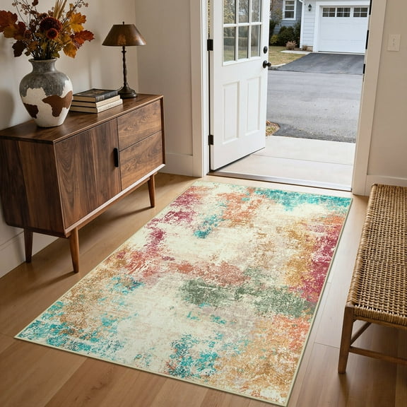 RUG ROBOT 3'x5' Area Rugs for Entryway, Non-Slip Washable Throw Rug, Indoor Soft Modern Abstract Distressed Small Balcony Terrace Rug Door Mat for Bedroom, Kitchen Room, Colorful