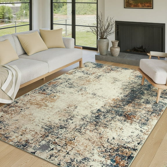RUG ROBOT 5'x7' Area Rugs for Living Room, Non-Slip Washable Abstract Rug, Indoor Soft Modern Distressed Accent Carpet for Bedroom, Dining Room, Kitchen, Home Office, Terracotta/Blue