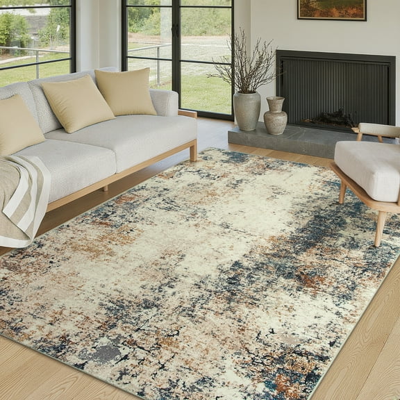 RUG ROBOT 5'x7' Area Rugs for Living Room, Non-Slip Washable Abstract Rug, Indoor Soft Modern Distressed Accent Carpet for Bedroom, Dining Room, Kitchen, Home Office, Terracotta/Blue