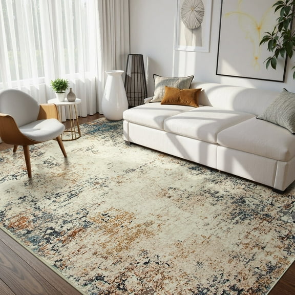 RUG ROBOT 6'x9' Area Rugs for Living Room, Non-Slip Washable Rug, Indoor Soft Modern Abstract Distressed Accent Carpet for Bedroom, Dining Room, Kitchen, Home Office, Terracotta/Blue