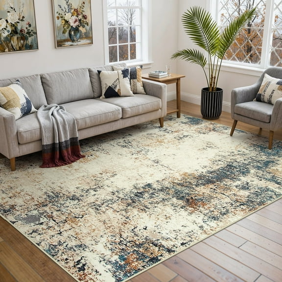 RUG ROBOT 6'x9' Area Rugs for Living Room, Non-Slip Washable Rug, Indoor Soft Modern Abstract Distressed Accent Carpet for Bedroom, Dining Room, Kitchen, Home Office, Terracotta/Blue