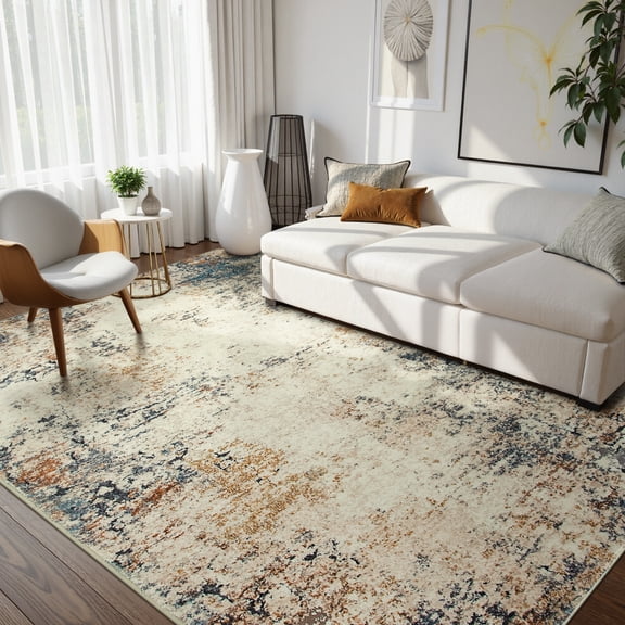 RUG ROBOT 6'x9' Area Rugs for Living Room, Non-Slip Washable Rug, Indoor Soft Modern Abstract Distressed Accent Carpet for Bedroom, Dining Room, Kitchen, Home Office, Terracotta/Blue