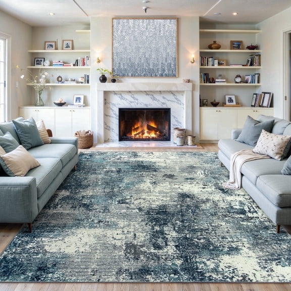 RUG ROBOT 8'x10' Area Rugs for Living Room, Non-Slip Washable Rug, Indoor Soft Modern Abstract Distressed Accent Carpet for Bedroom, Dining Room, Kitchen, Blue/Gray
