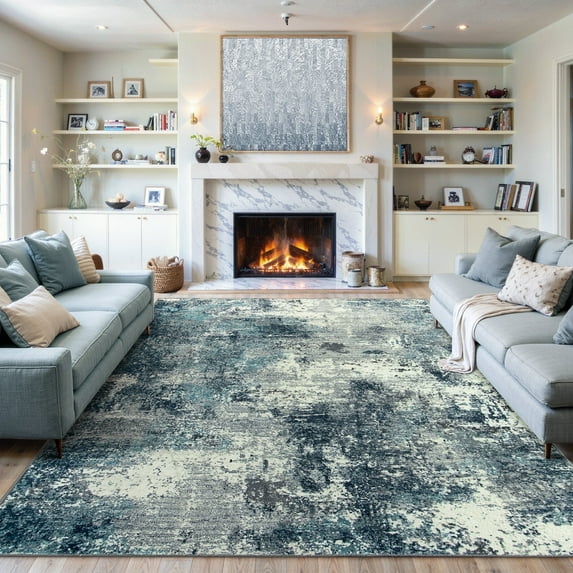 RUG ROBOT 8'x10' Area Rugs for Living Room, Non-Slip Washable Rug, Indoor Soft Modern Abstract Distressed Accent Carpet for Bedroom, Dining Room, Kitchen, Blue/Gray