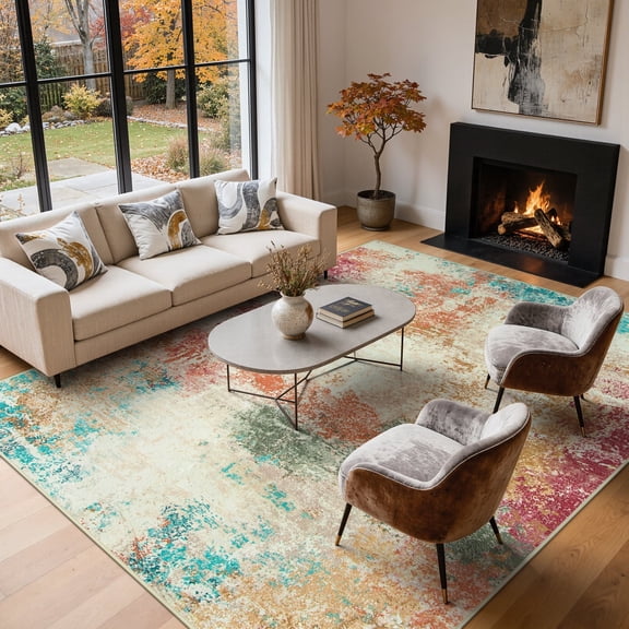 RUG ROBOT 9'x12' Area Rugs for Living Room, Non-Slip Washable Rug, Indoor Soft Modern Abstract Distressed Carpet for Bedroom, Dining Room, Home Office, Colorful