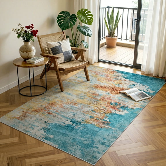 RUG ROBOT Abstract Living Room Rug 4'x6', Soft Modern Washable Area Rugs for Bedroom Non Slip, Ultra Thin Foldable Low Pile Carpet for Dining Room Kitchen Bathroom Office, Yellow/Blue
