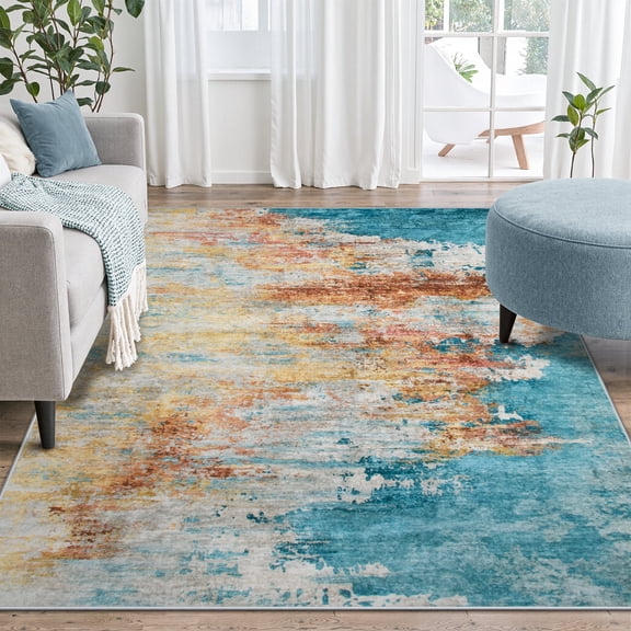 RUG ROBOT Living Room Rug 5'x7', Soft Washable Area Rugs for Bedroom Non Slip, multi color area rug,Abstract Ultra-Thin Low Pile Modern Indoor Carpet for Dining Room Kitchen Office, Yellow/Blue