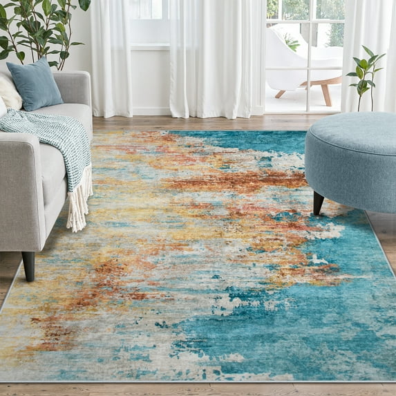 RUG ROBOT Abstract Living Room Rug 5'x7', Soft Washable Area Rugs for Bedroom Non Slip, multi color area rug,Ultra-Thin Low Pile Modern Indoor Carpet for Dining Room Kitchen Office, Yellow/Blue