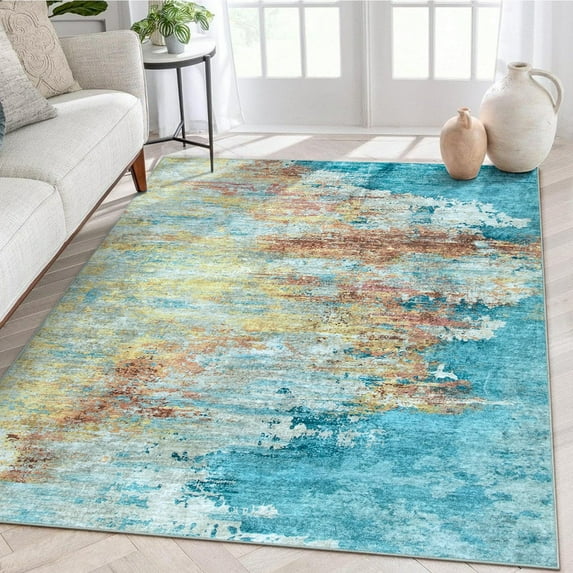 RUG ROBOT Abstract Living Room Rug 5'x7', Soft Washable Area Rugs for Bedroom Non Slip, Ultra-Thin Low Pile Modern Indoor Carpet for Dining Room Kitchen Office, Yellow/Blue