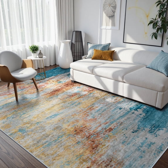 RUG ROBOT 6'x9' Area Rugs for Living Room, Washable Bedroom Rugs Non-Slip, Abstract Soft Modern Kitchen Rug Large Indoor Accent Carpet for Dining Room Home Office, Yellow/Blue