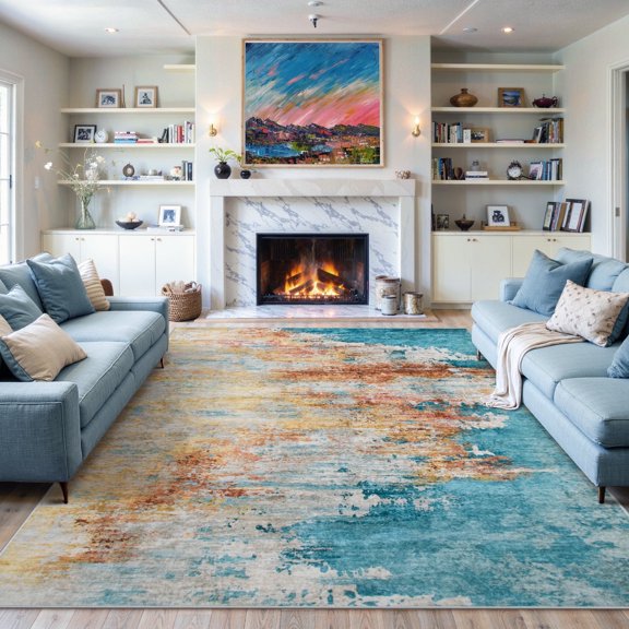 RUG ROBOT Washable Area Rugs for Living Room 8'x10', Soft Large Bedroom Rug Non Slip, Abstract Ultra Thin Low Pile Modern Carpet for Dining Room Office Kitchen, Yellow/Blue