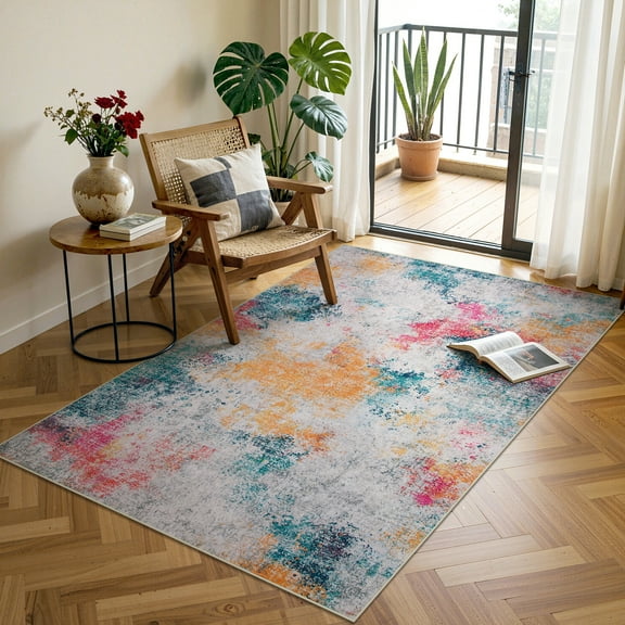 RUG ROBOT Abstract Living Room Rug 4'x6', Soft Modern Washable Area Rugs for Bedroom Non Slip, Ultra Thin Foldable Low Pile Carpet for Dining Room Kitchen Bathroom Office, Ivory/Blue